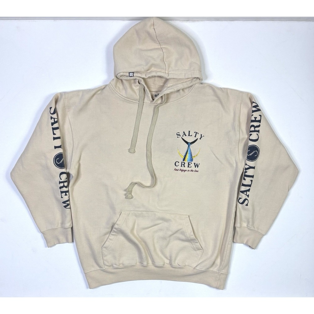 Salty Crew Hoodie Mens Large Fish Sea Beige Pullover Sweatshirt